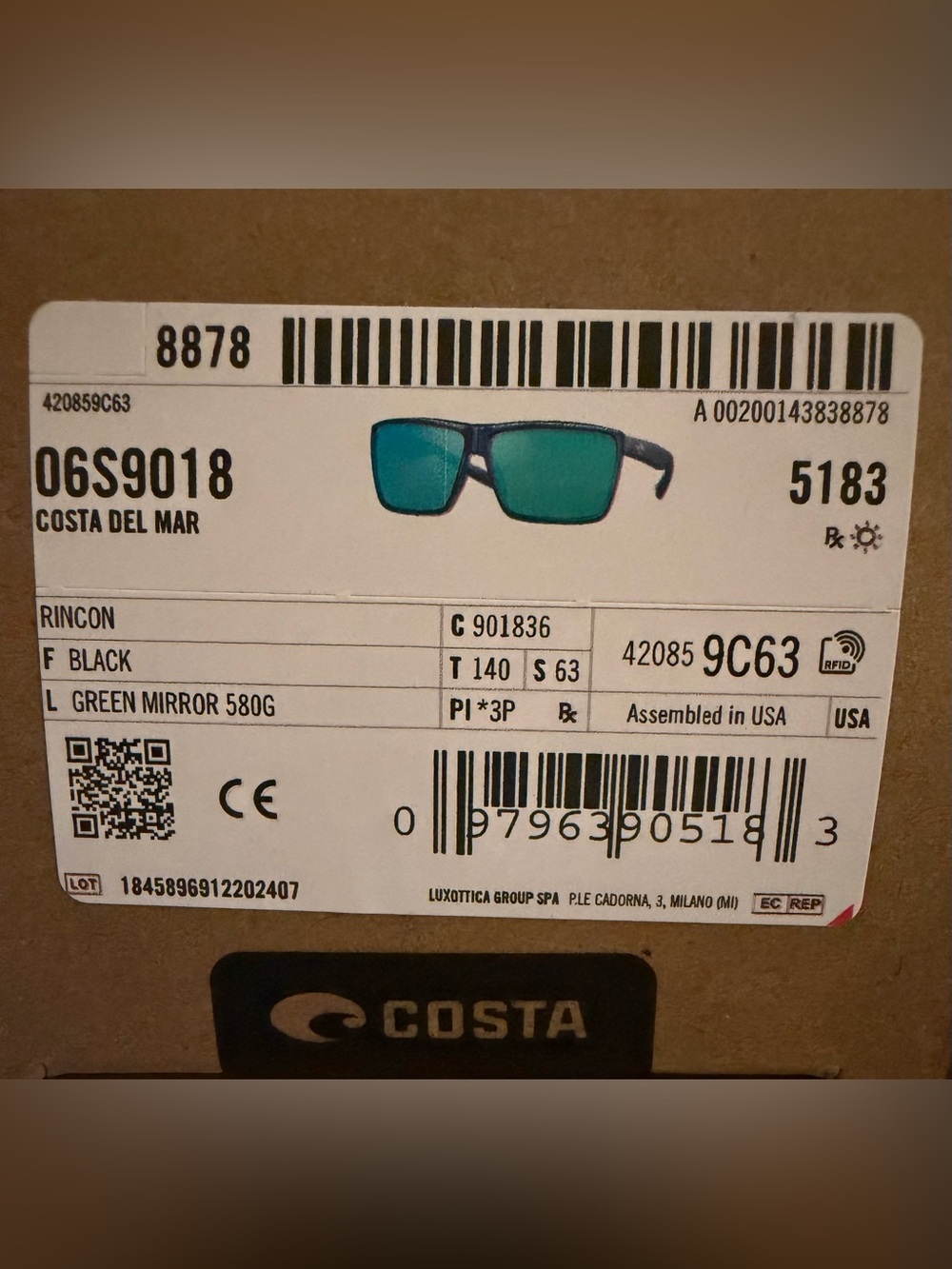 NIB Costa Del Mar Rincon Polarized Sunglasses Black Green Mirror 06S9018 NEW Men - Picture 6 of 7
